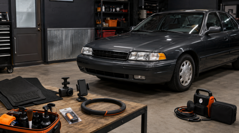 Older dark gray sedan in a garage with affordable interior and safety upgrades