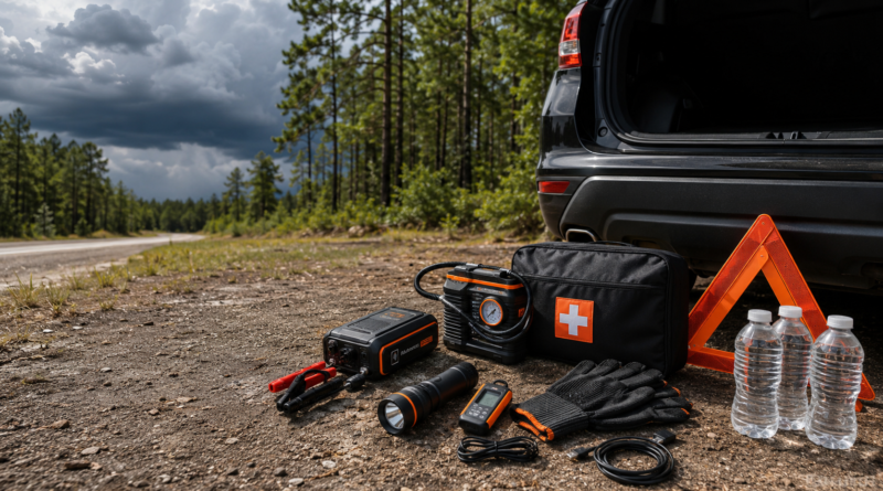 Emergency car kit beside an SUV on a rural ArkLaTex road with storm clouds approaching