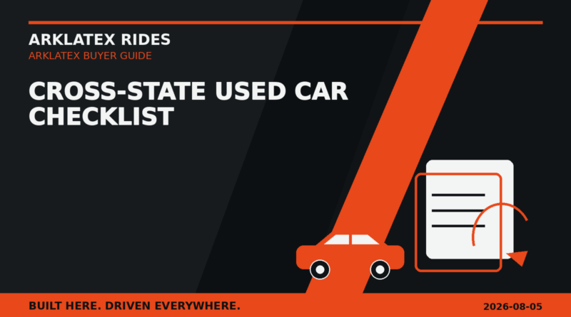Arkansas Louisiana Texas map with a used car title and orange route arrows