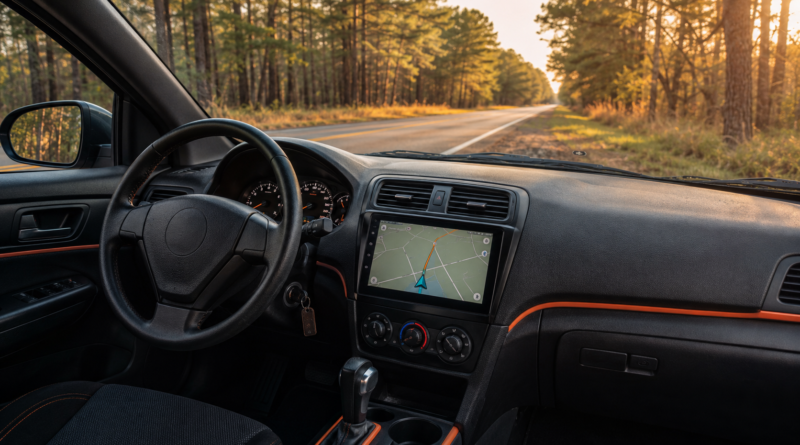 Aftermarket touchscreen navigation system installed in an older car on an ArkLaTex highway