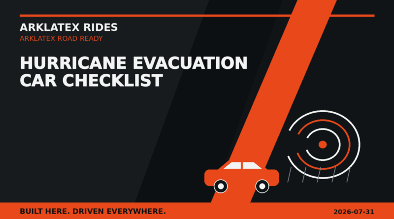 Dark SUV packed for evacuation under storm clouds with orange highway route lines