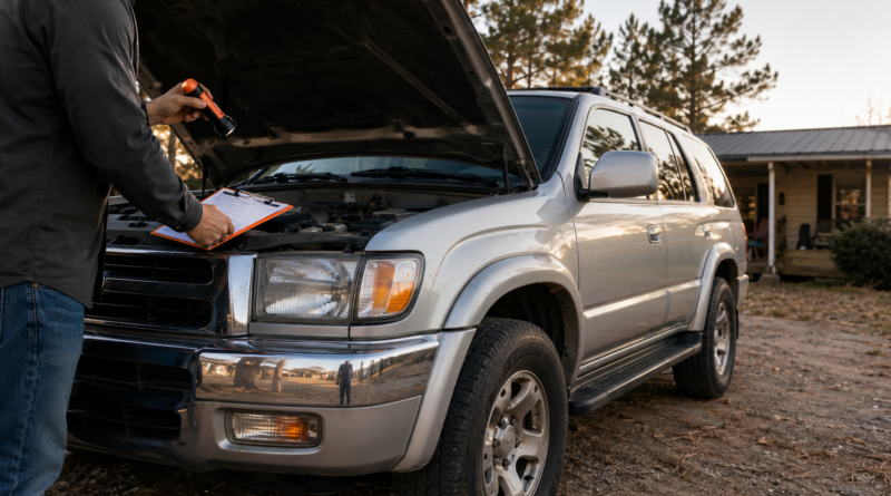 Buyer inspecting an older SUV with a flashlight and checklist before purchase