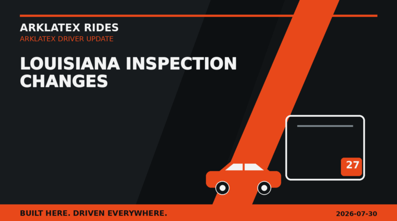 Dark vehicle windshield with a Louisiana outline and orange inspection sticker graphic