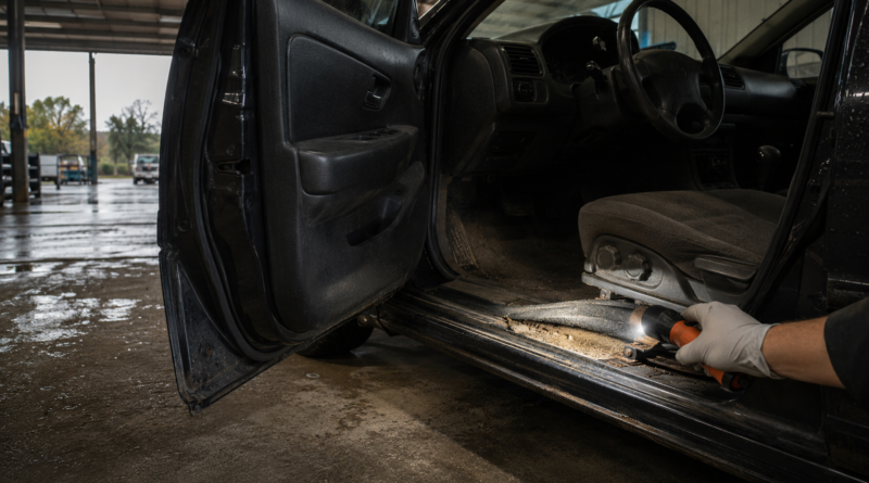 Inspector lifting car carpet to check for silt and corrosion associated with flood damage