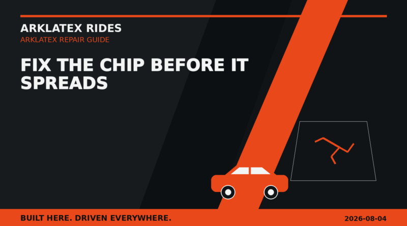 Close-up windshield rock chip with orange crack line on a dark vehicle